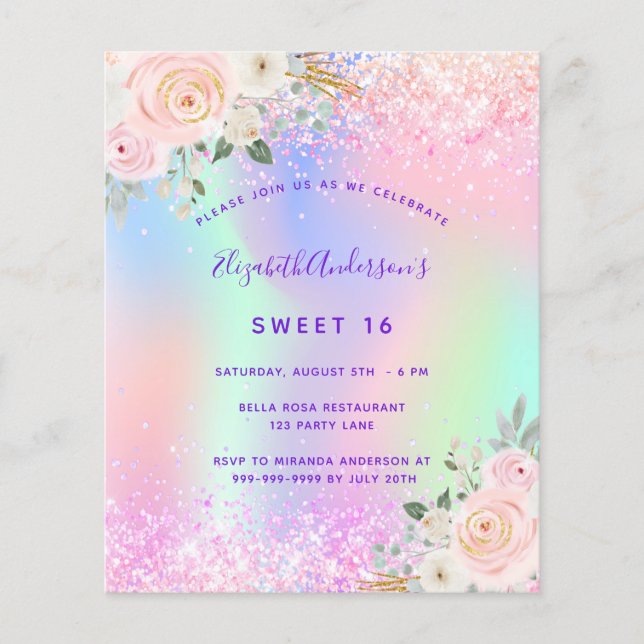 Sweet 16 pink purple glitter floral budget flyer (Front)