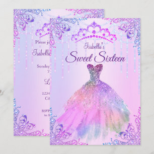 Sweet 16 Pink Purple Lilac Silver Pearl Gown Invitation