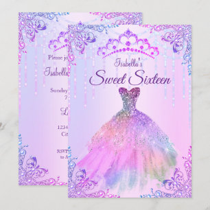 Sweet 16 Pink Purple Lilac Silver Pearl Gown Invitation