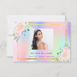 Sweet 16 pink purple photo rainbow floral thank you card