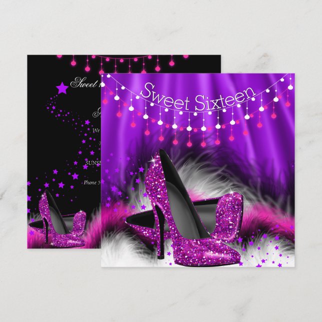 Sweet 16 Pink Purple Stars High Heels Party Invitation (Front/Back)