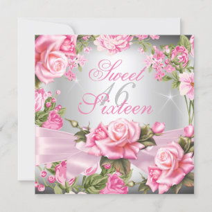 Sweet 16 Pink Rose Bow Silver Floral Birthday Invitation