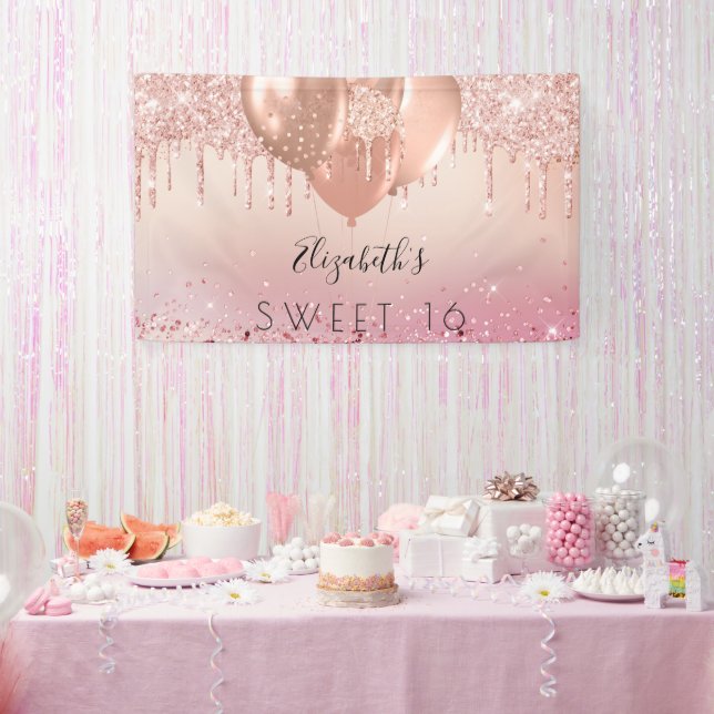 Sweet 16 pink rose gold glitter balloons banner (Party)
