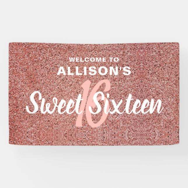 Sweet 16 Pink Rose Gold Glitter Birthday Name Banner (Horizontal)