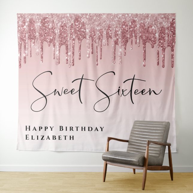 Sweet 16 Pink Rose Gold Glitter Birthday Party Tapestry (In Situ (Horizontal))