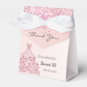Sweet 16 pink rose gold glitter dress thank you favour box