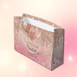 Sweet 16 pink rose gold glitter drip balloons large gift bag<br><div class="desc">A gift bag for a girly and glamourous Sweet 16,  16th birthday party.  A blush pink,  rose gold gradient background with faux glitter drips,  paint dripping look and balloons. The text: The name is written with a modern hand lettered style script. Personalise and add a date,  name and age.</div>