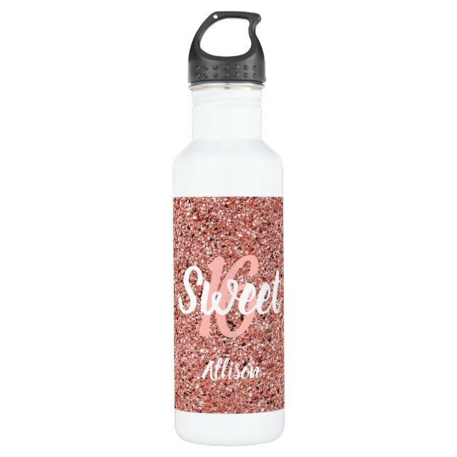 Sweet 16 Pink Rose Gold Glitter Personalised 710 Ml Water Bottle (Front)