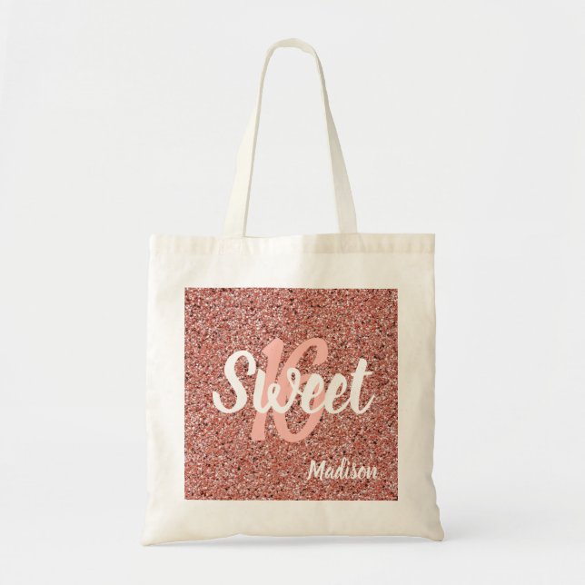 Sweet 16 Pink Rose Gold Glitter Personalised Tote Bag (Front)