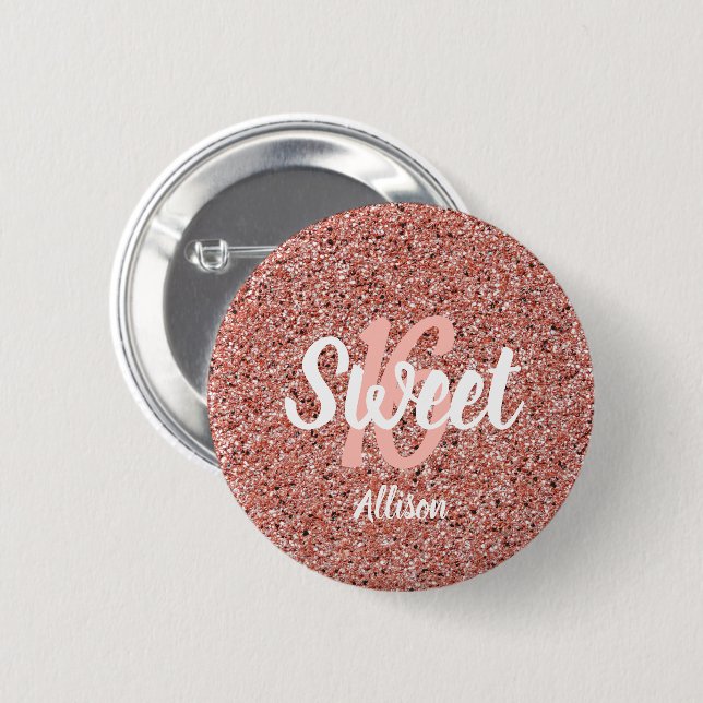 Sweet 16 Pink Rose Gold Glitter Personalized 6 Cm Round Badge (Front & Back)