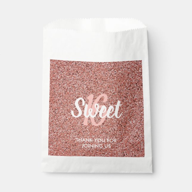 Sweet 16 Pink Rose Gold Glitter Thank You Favour Bags (Front)