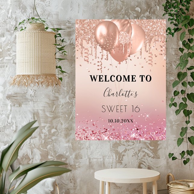 Sweet 16 pink rose gold pink balloons welcome poster (Creator Uploaded)