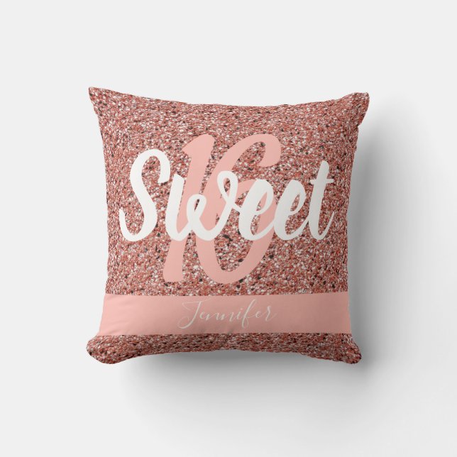 Sweet 16 Pink Rose Gold Pink Glitter Personalised Cushion (Front)