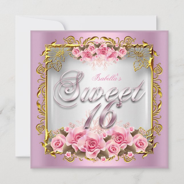 Sweet 16 Pink Roses White Gold Birthday Party Invitation (Front)