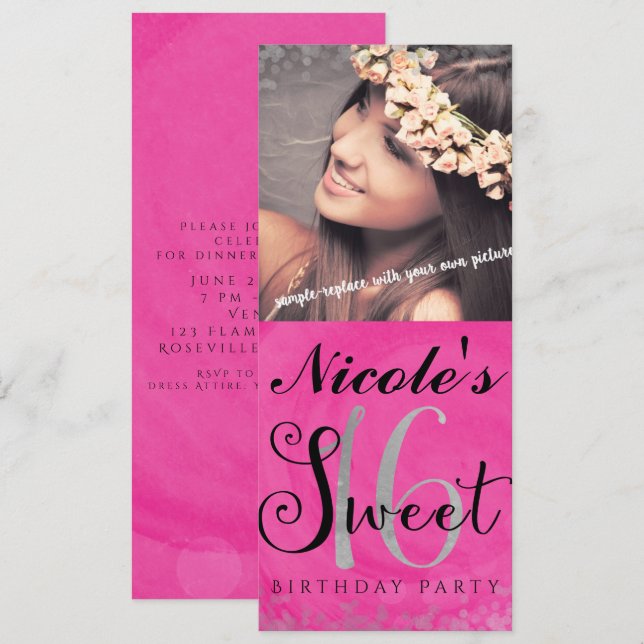 Sweet 16 Pink Silver & Black Photo Invitation (Front/Back)
