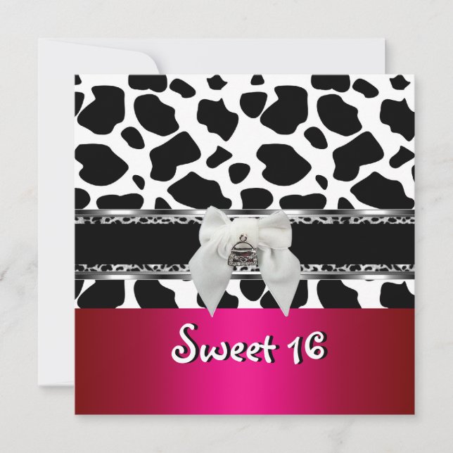 Sweet 16 Pink Silver Black White Cow Leopard Invitation (Front)