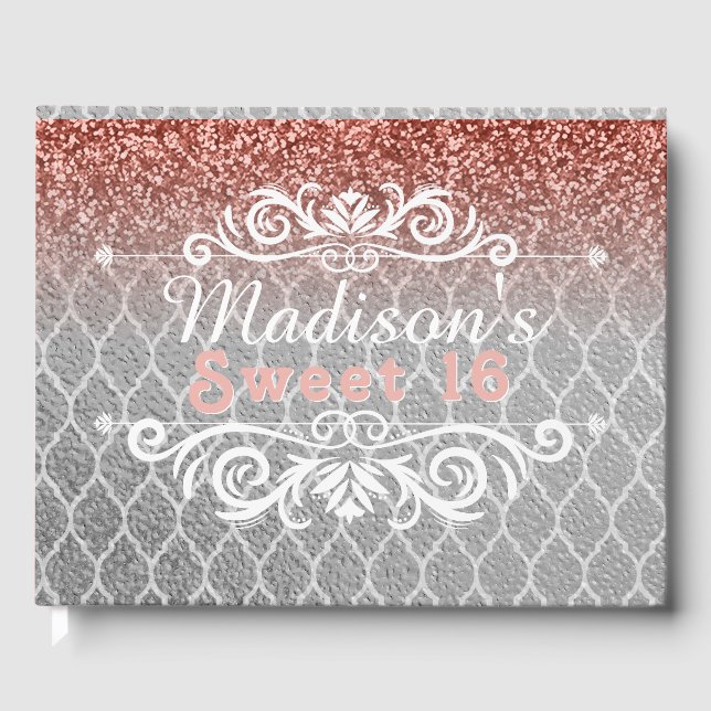 Sweet 16 Pink Silver Quatrefoil Glitter Custom Guest Book (Front)