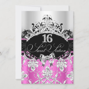 Sweet 16 Pink Silver Sparkle Tiara Birthday Invite