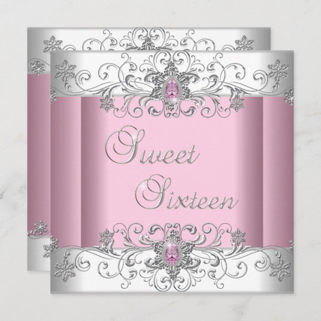 Sweet 16 Pink Silver White Diamond Image Party Invitation (Front/Back)