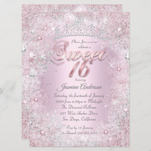 Sweet 16 Pink Silver Winter Wonderland Tiara Invitation