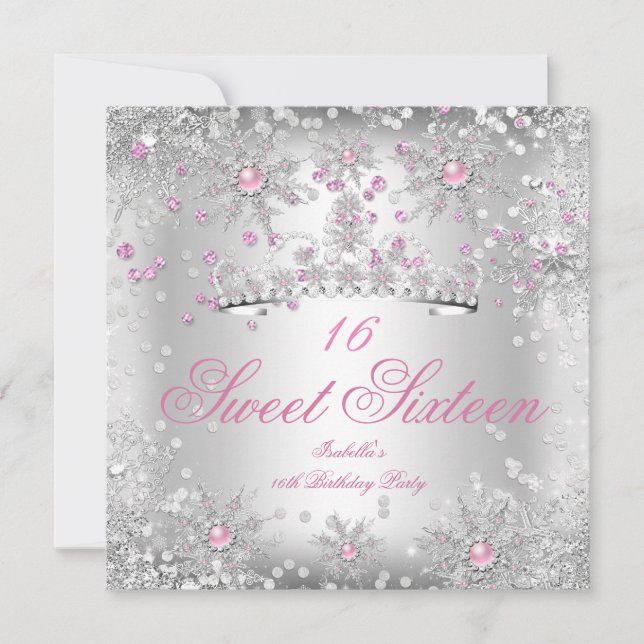 Sweet 16 Pink Snowflakes Silver Winter Wonderland Invitation (Front)