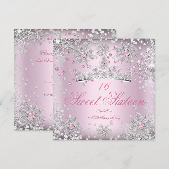 Sweet 16 Pink Snowflakes White Winter Wonderland Invitation (Front/Back)