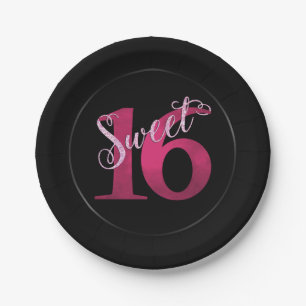 Sweet 16 Pink Watercolor and Faux Glitter Party Paper Plate