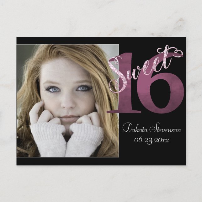 Sweet 16 | Pink Watercolor and Faux Glitter Party Postcard (Front)