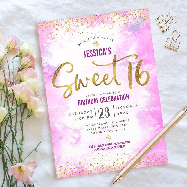 Sweet 16 Pink Watercolor Gold Girly Glam Birthday Invitation (Creator Uploaded)