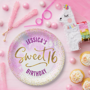Sweet 16 Pink Watercolor Gold Glam Girly Birthday  Paper Plate