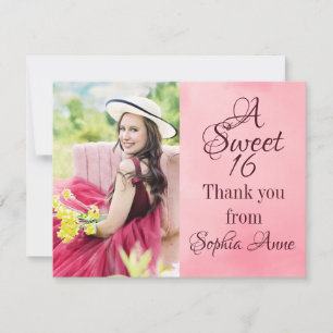 Sweet 16 Pink Watercolor Photo Thank You Card