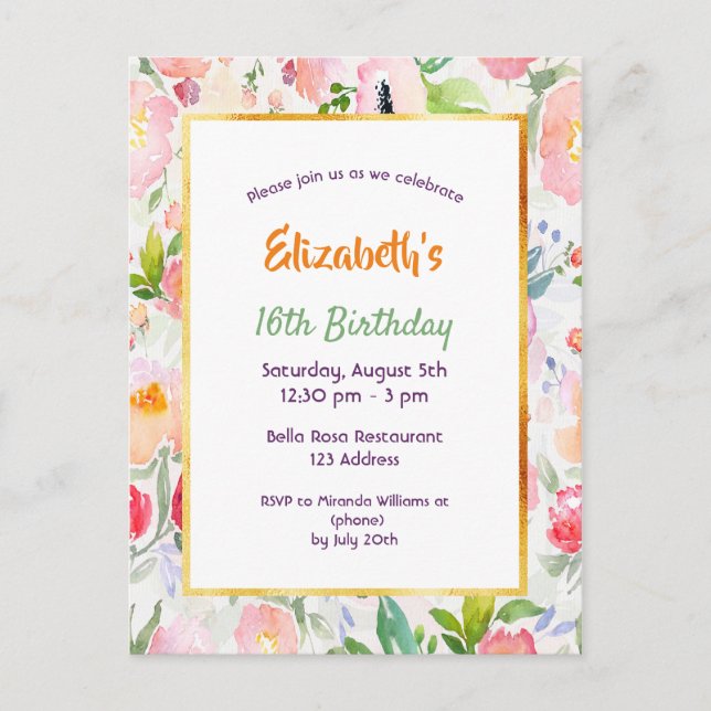 Sweet 16 pink watercolored florals invitation postcard (Front)
