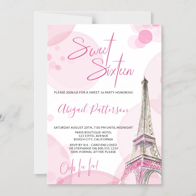 Sweet 16 Pink White Paris themed Birthday Party Magnetic Invitation (Front)