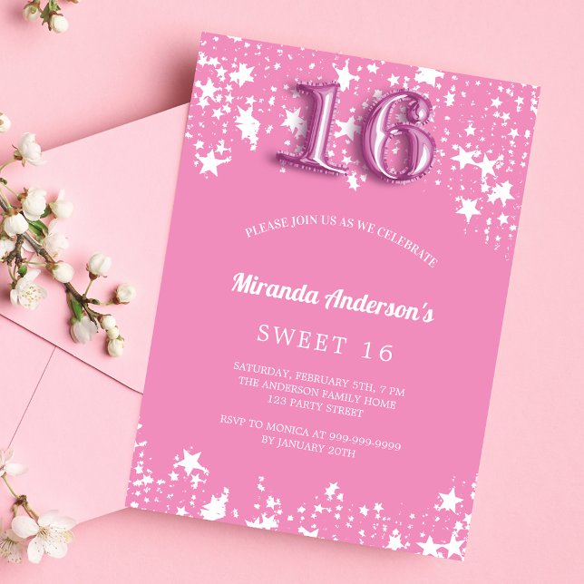 Sweet 16 pink white stars invitation postcard (Creator Uploaded)