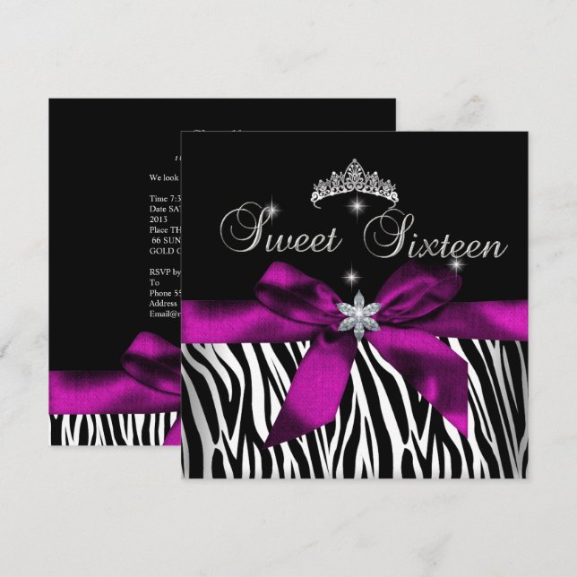 Sweet 16  Pink Zebra Black White Diamonds Invitation (Front/Back)