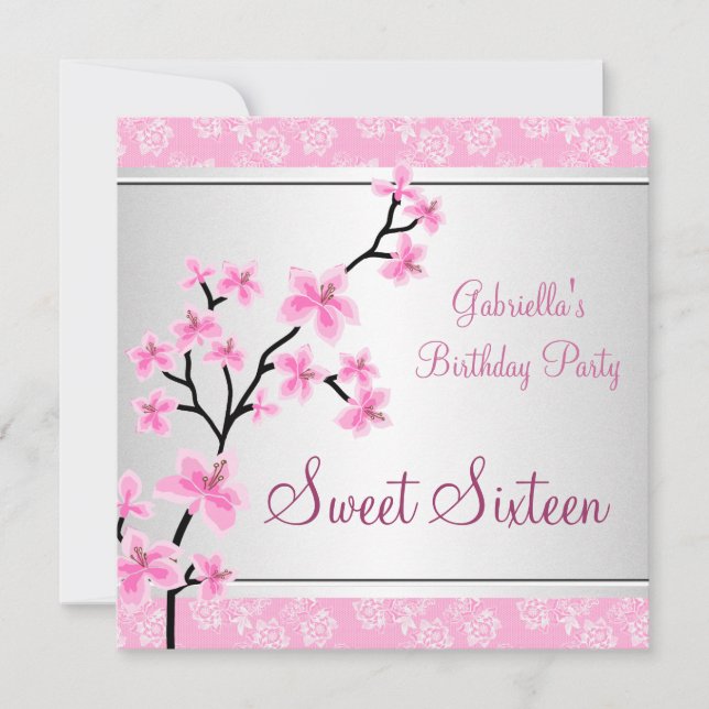 Sweet 16 Pretty Asian Pink Floral Black Birthday Invitation (Front)