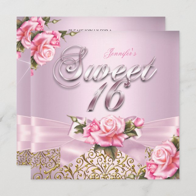 Sweet 16 Pretty Pink Rose Bow Birthday Party Invitation (Front/Back)