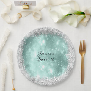 Sweet 16 Pretty Turquoise Sparkle, Silver Glitter  Paper Plate