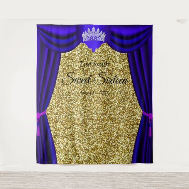 Sweet 16 Princess Crown Blue Curtain Gold Glitter  Tapestry (Front)