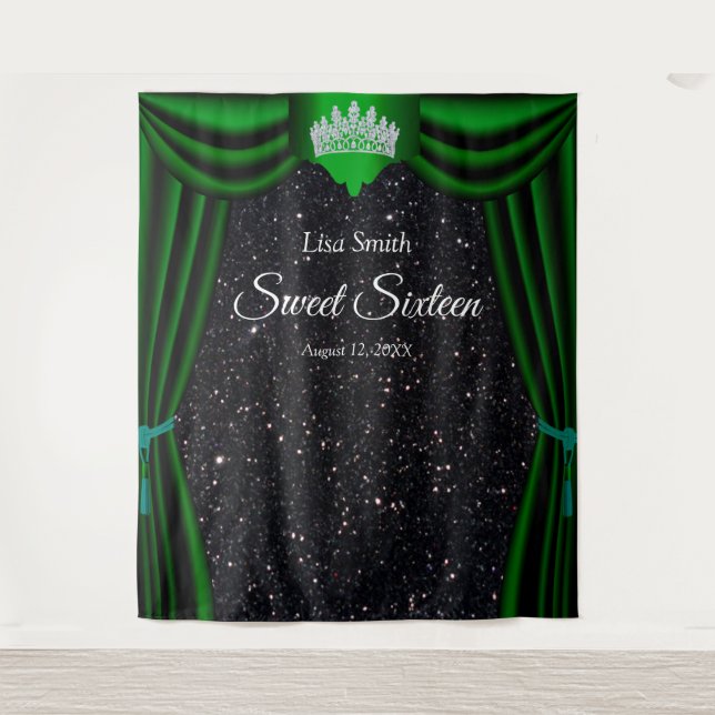 Sweet 16 Princess Crown Green Curtain Black Glitte Tapestry (Front)