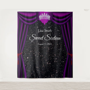 Sweet 16 Princess Crown Purple Curtain Black  Tapestry