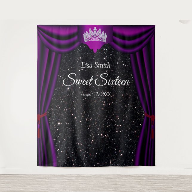 Sweet 16 Princess Crown Purple Curtain Black  Tapestry (Front)