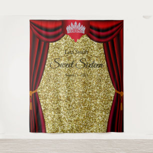Sweet 16 Princess Crown Red Curtain Gold Glitter  Tapestry