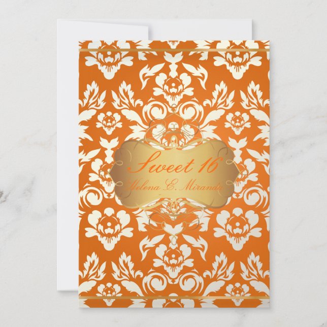 Sweet 16/ princess/pearl damask/crushed orange invitation (Front)