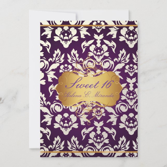 Sweet 16/ princess/pearl damask/plum invitation (Front)