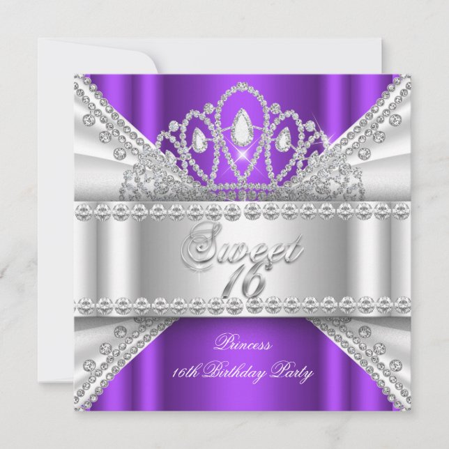 Sweet 16 Princess Purple White Diamond Tiara Invitation (Front)