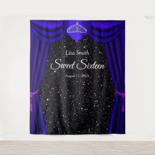 Sweet 16 Princess Tiara Blue Curtain Black Glitter Tapestry