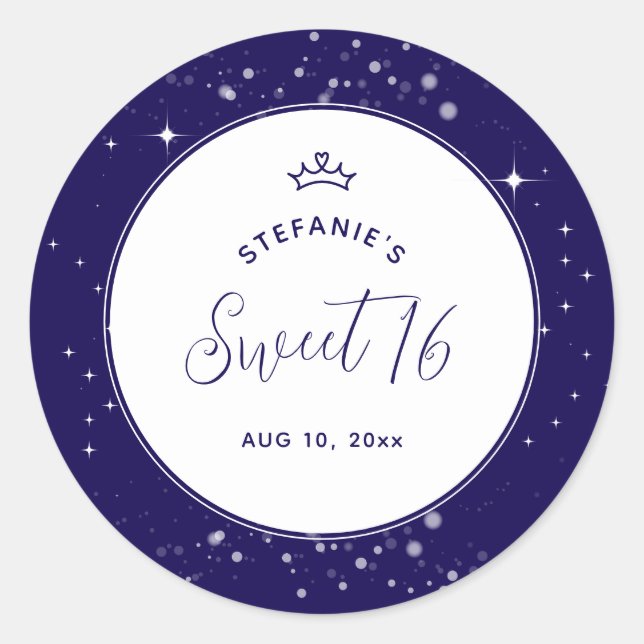 Sweet 16 Princess Tiara Crown Navy Blue Birthday Classic Round Sticker (Front)