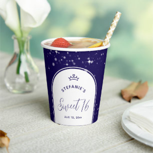 Sweet 16 Princess Tiara Crown Navy Blue Birthday Paper Cups