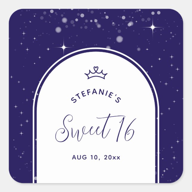 Sweet 16 Princess Tiara Crown Navy Blue Birthday Square Sticker (Front)